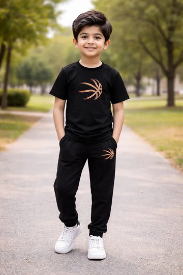 Kids Printed Tracksuit Set Black Cotton for Boys