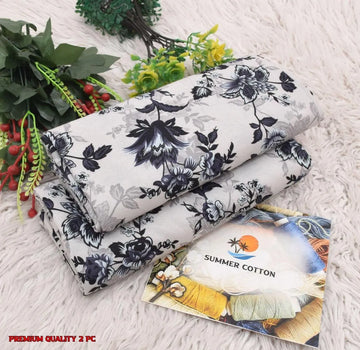Summer Cotton Printed Shirt & Trouser Set White 2 Pcs