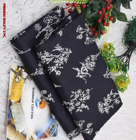 Black Floral Summer Cotton 2 Pc Suit