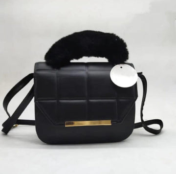 Black Quilted Crossbody Bag with Faux Fur Handle for Girls