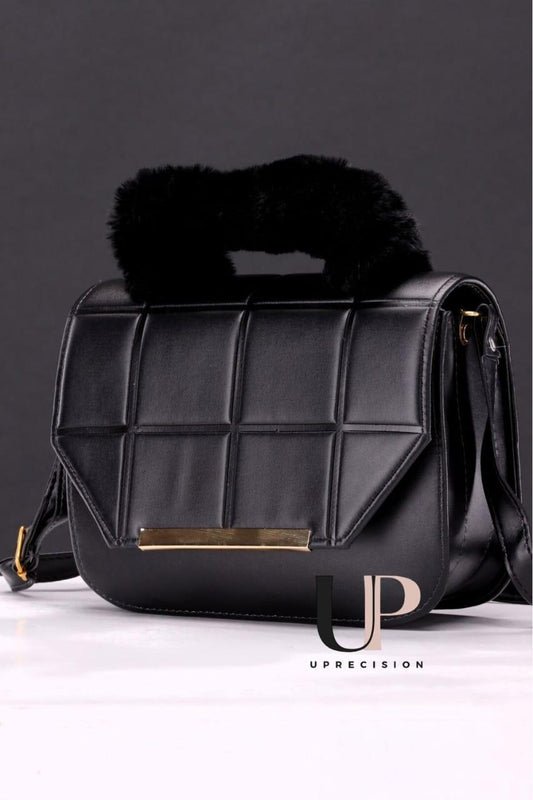 Black Quilted Crossbody Bag with Faux Fur Handle for Girls