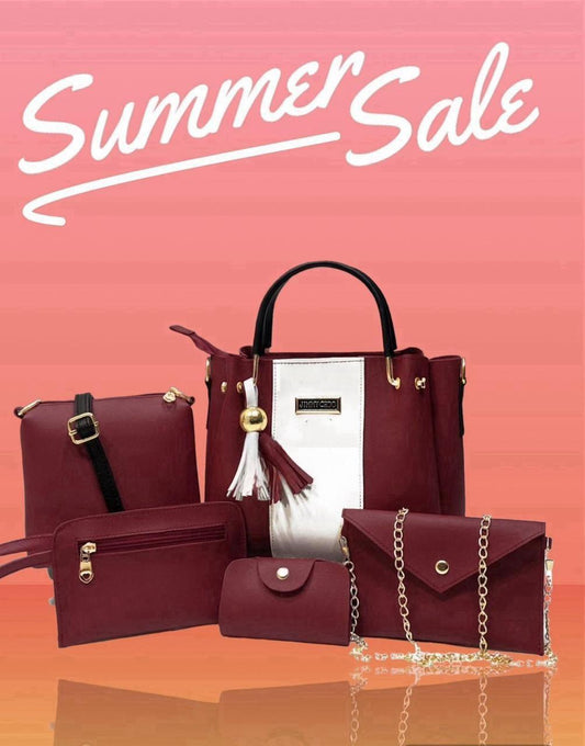 Women's Rexine Hand Bag Set 5 Pcs Maroon Black Blue Pink Mustard Grey Green Brown