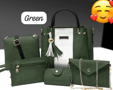 Green Women's Leather Handbag Set with Tassel & Chain