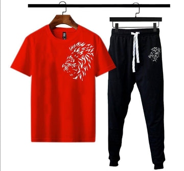 Men Polyester Track Suit Red Black Lion Print Medium to XL