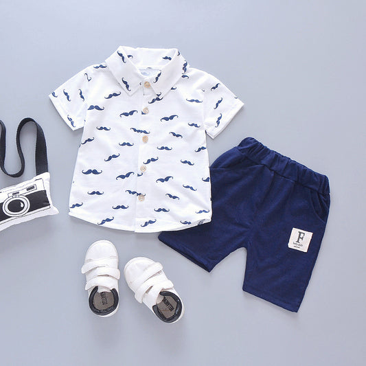 Kids Moustache Print Suit Set Mint Blue Shorts