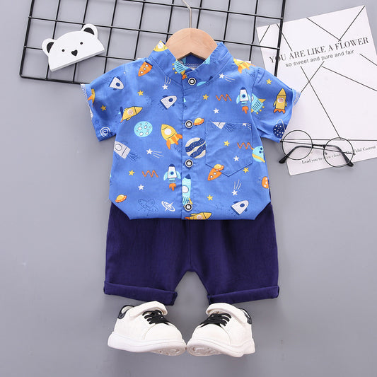 Baby Suit Cartoon Print Blue White Shorts Set